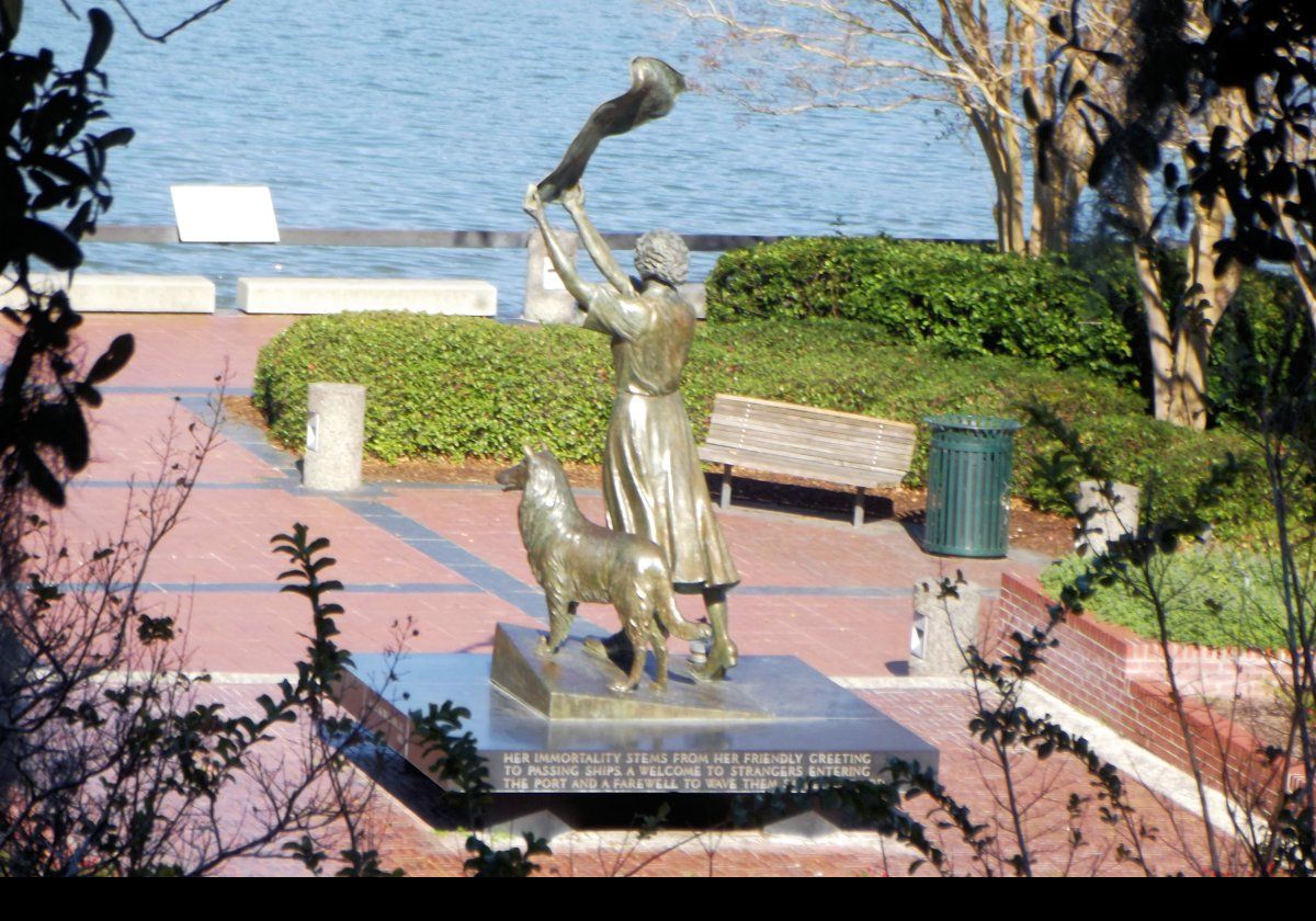 The statue of "The Waving Girl" by Felix de Weldon. Her real name was Florence Martus. For 44 years between 1887 and 1931, she waved a handkerchief during the day and a lantern at night to every ship entering or leaving the port of Savannah. Click the image for a detailed account of her life.