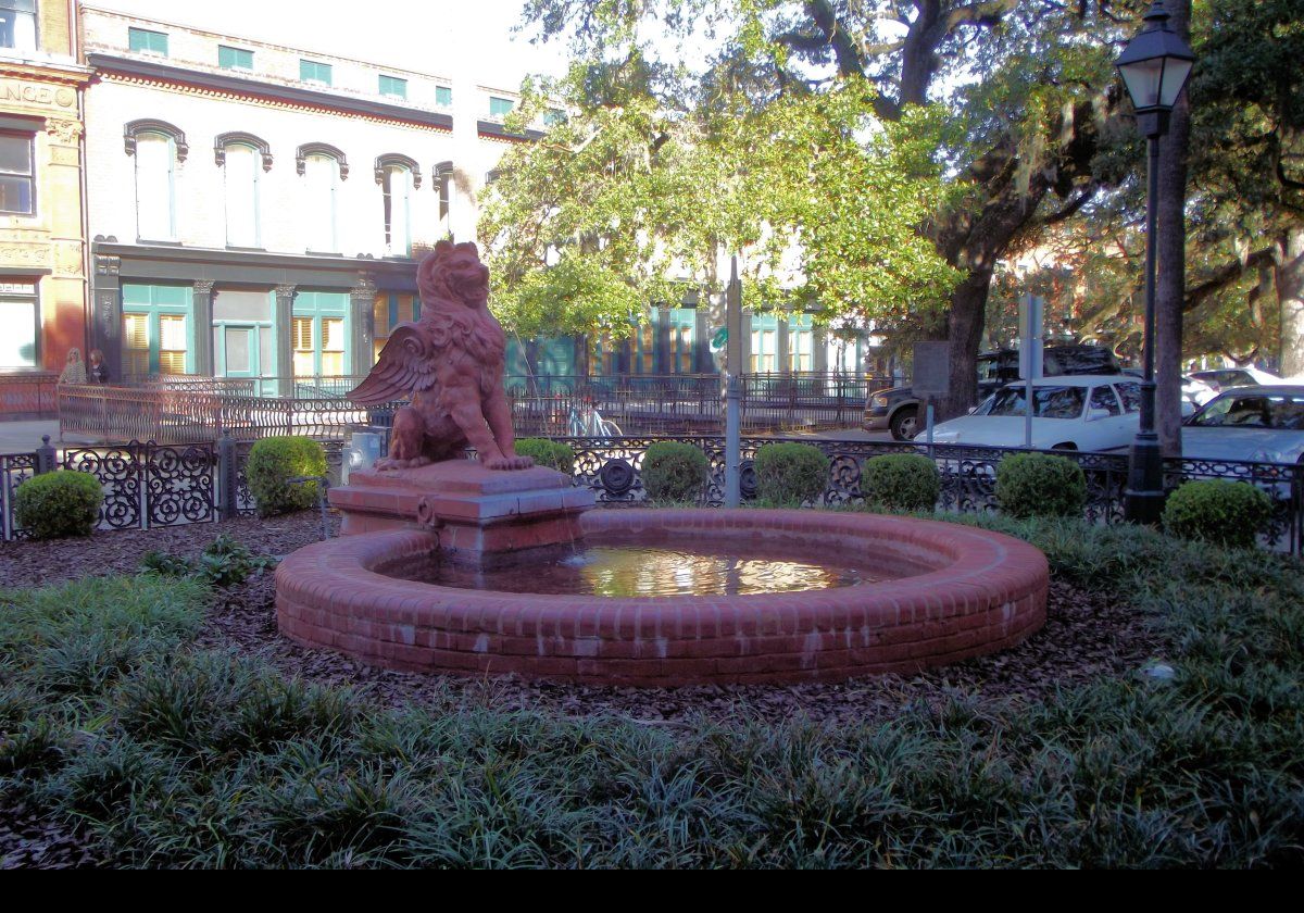 The winged lion, or gryphon, statue outside the Old Savannah Cotton Exchange . It was destroyed by a car in 2008 and subsequently restored. Wonderful!