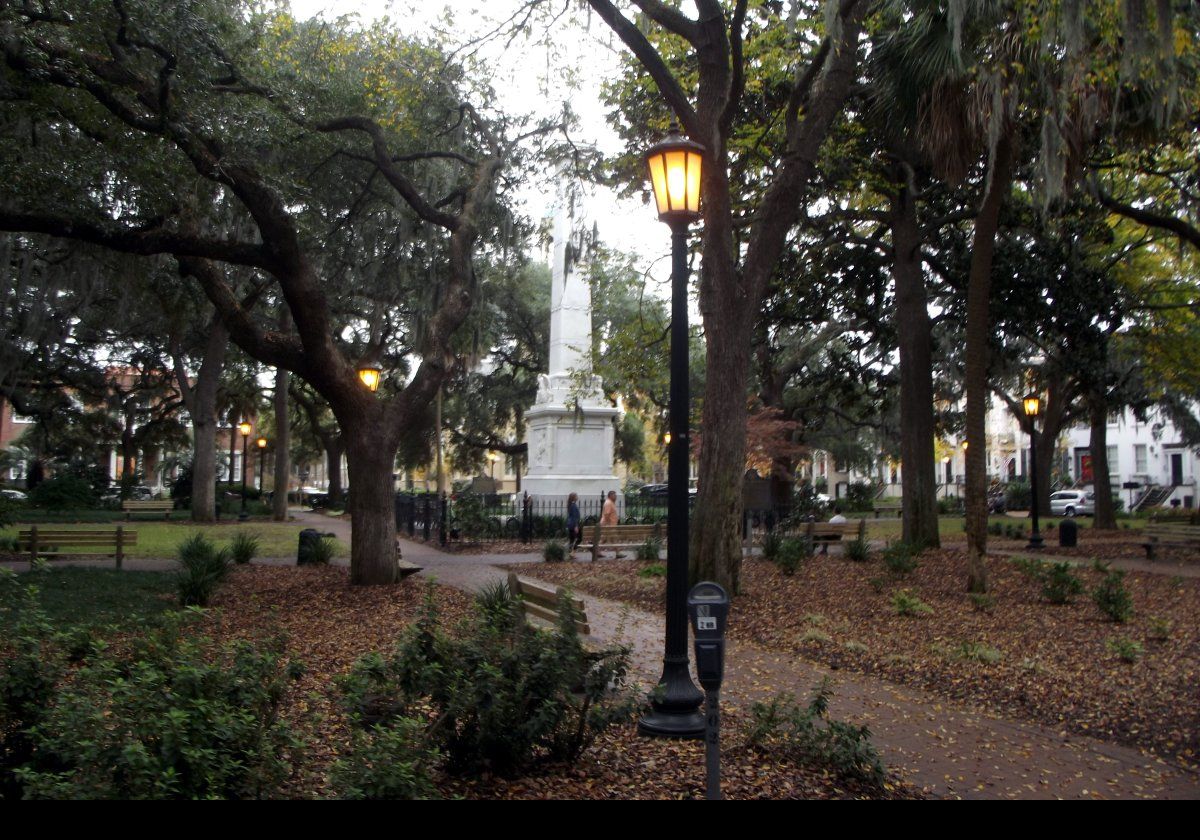 Monterey Square with the Casimir Pulaski Monument, a mid-19th-century monument to Casimir Pulaski on Bull Street in Savannah