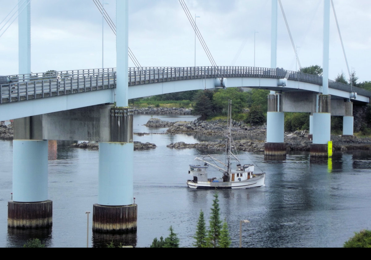 The Sitka Channel and the John O'Connell cable-stayed Bridge. It is 383 meters (1,255 feet) long with a main span that is 140 meters (450 feet). Completed in 1971, the bridge connects Sitka, on Baranof Island, to the Coast Guard Station and airport located on Japonski Island.