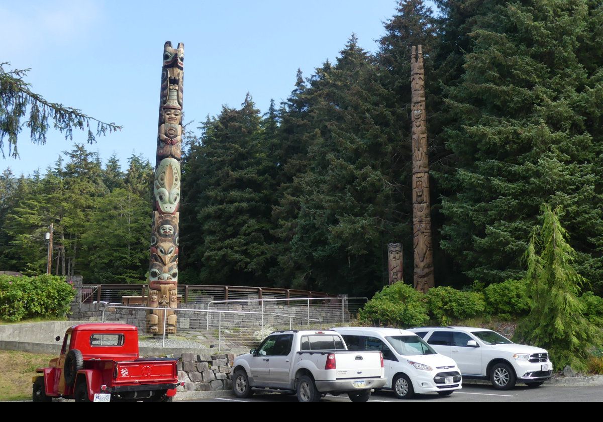 Totems in the Sitka National Historical Park, near the Southeast Alaska Indian Cultural Center. There are 20 totems in a one mile walk, many dating from 1906 after having been displayed in the 1904 St. Louis World’s Fair.