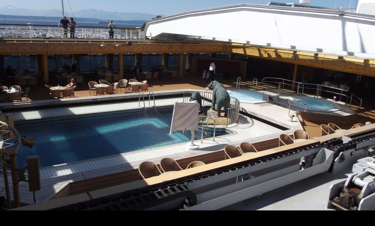 A pool and hot tubs on the Amsterdam.  This was our favorite ship.  Small, by cruise ship standards, but with all the facilities we needed.  Sadly, Holland-America have since sold it.