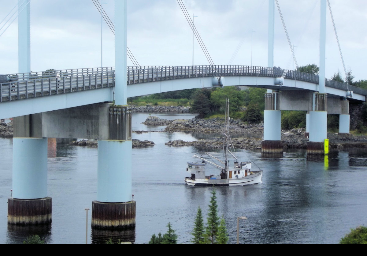 The Sitka Channel and the John O'Connell cable-stayed Bridge.  It is 383 meters (1,255 feet) long with a main span that is 140 meters (450 feet).  Completed in 1971, the bridge connects Sitka, on Baranof Island, to the Coast Guard Station and airport located on Japonski Island. 