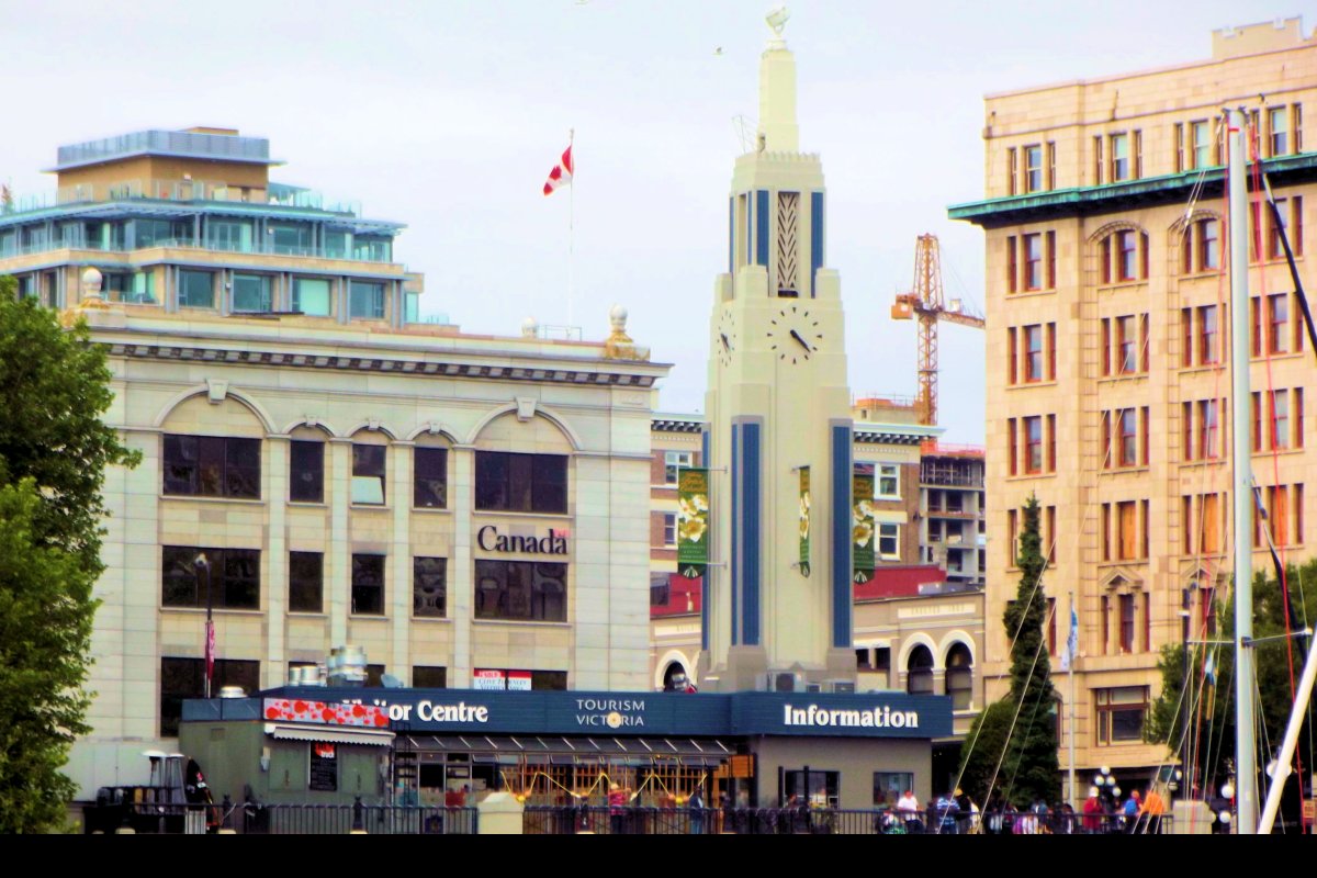 The Art Deco clock tower on top of the Tourist Information Centre in the Inner Harbour.  