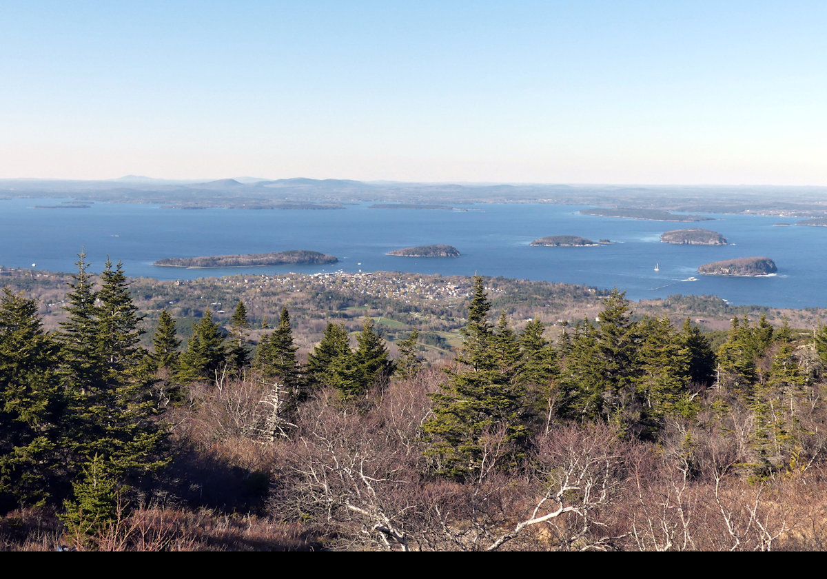 Another, wider angle, view towards Bar Harbor from the top of Cadillac Mountain.