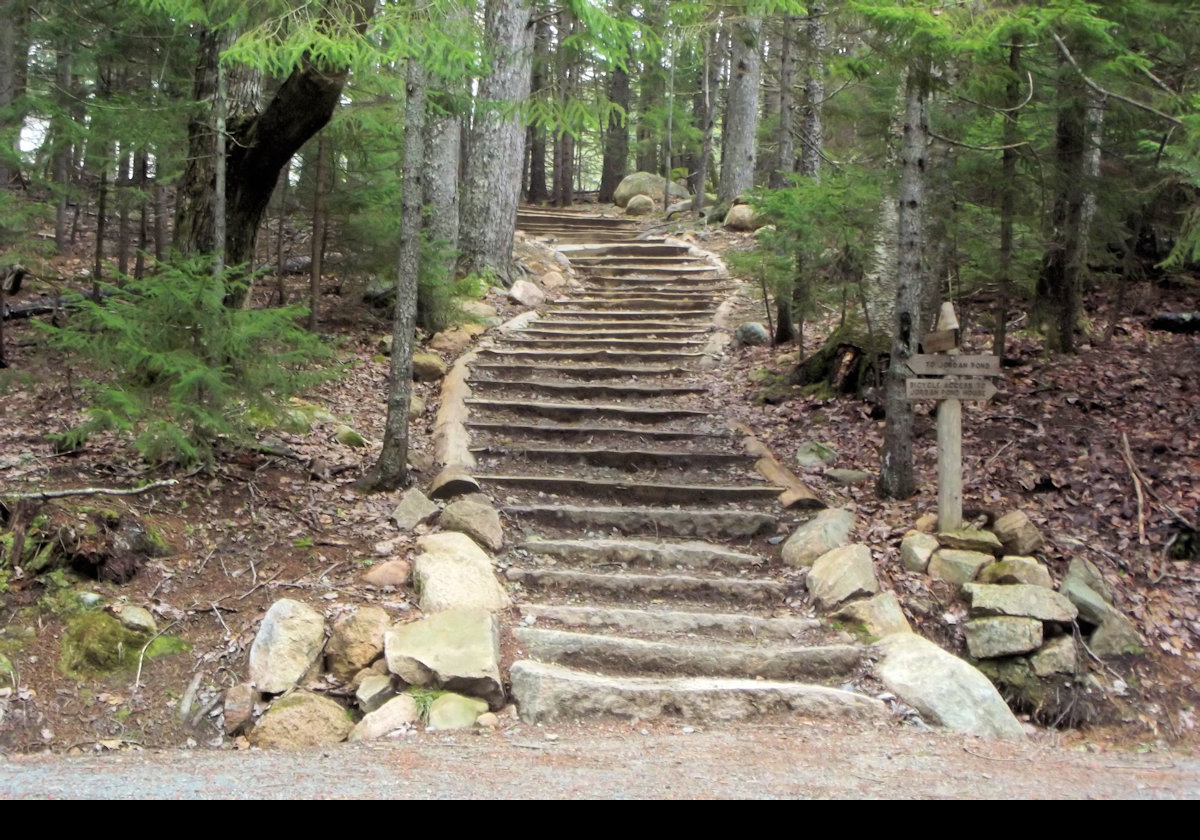This is the start of another trail near Jordan Pond.  This one leads down to, and across, Jordan Stream.  This is the view back up the steps leading down from Jordan Pond House.