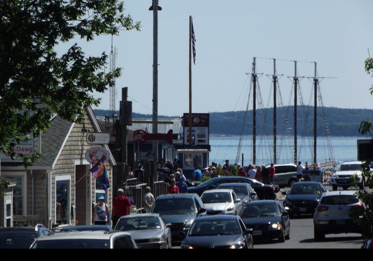 Looking east along West Street towards Mount Desert Narrows and the masts of the schooner Margaret Todd.