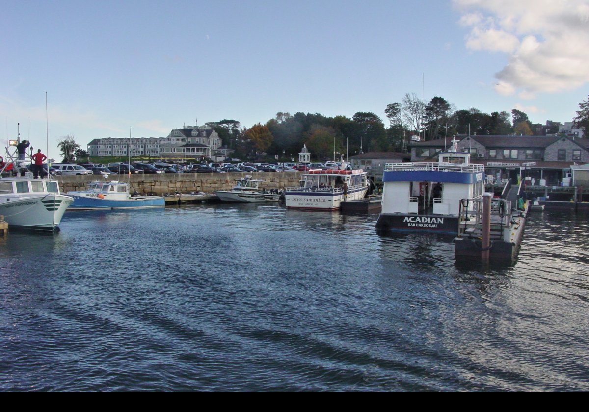 The end of the trip as our boat, the Friendship V, sails into her mooring in Bar Harbor.