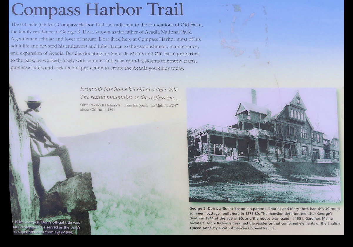 The Trail is a walk through the woods to the shore just outside of Bar Harbor. The land is the former estate of George B. Dorr, who was instrumental in the creation of Acadia National Park as well as its first superintendent.  All that remains of the mansion are the ruins seen in the pictures.