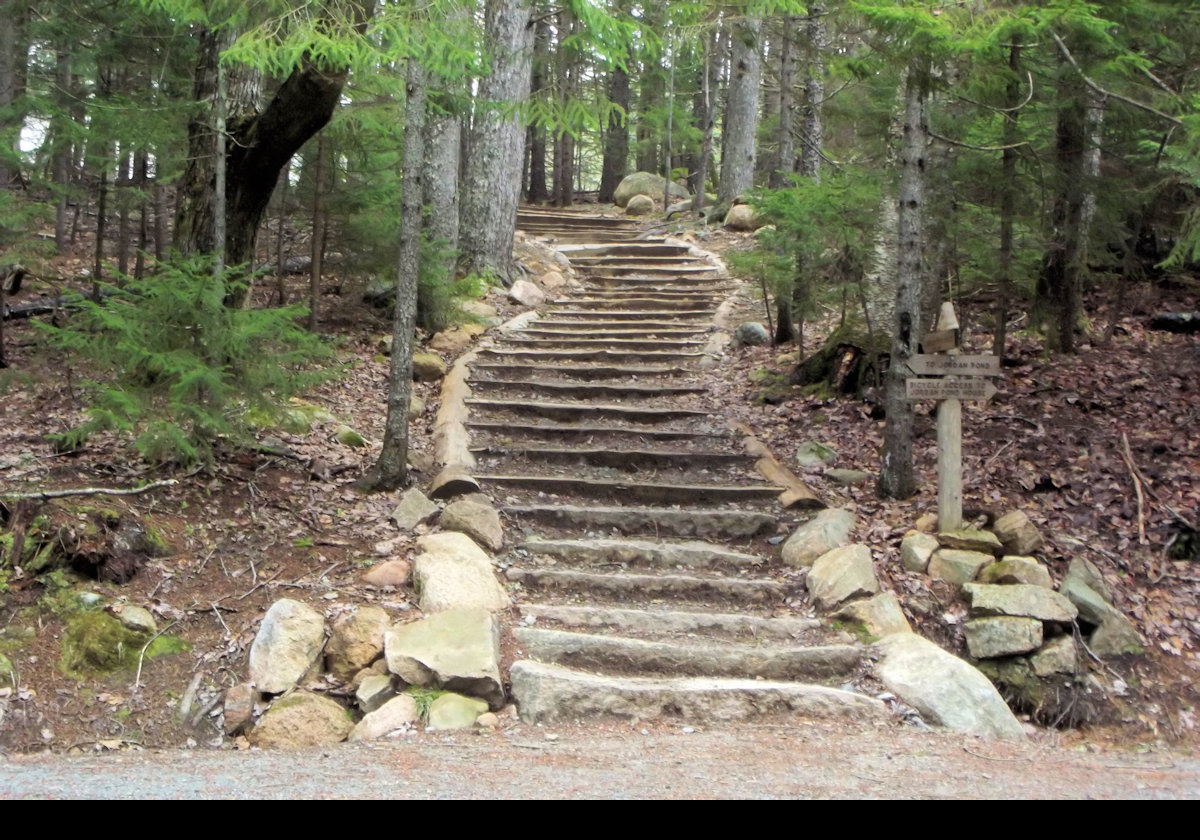 This is the start of another trail near Jordan Pond. This one leads down to, and across, Jordan Stream. This is the view back up the steps leading down from Jordan Pond House.