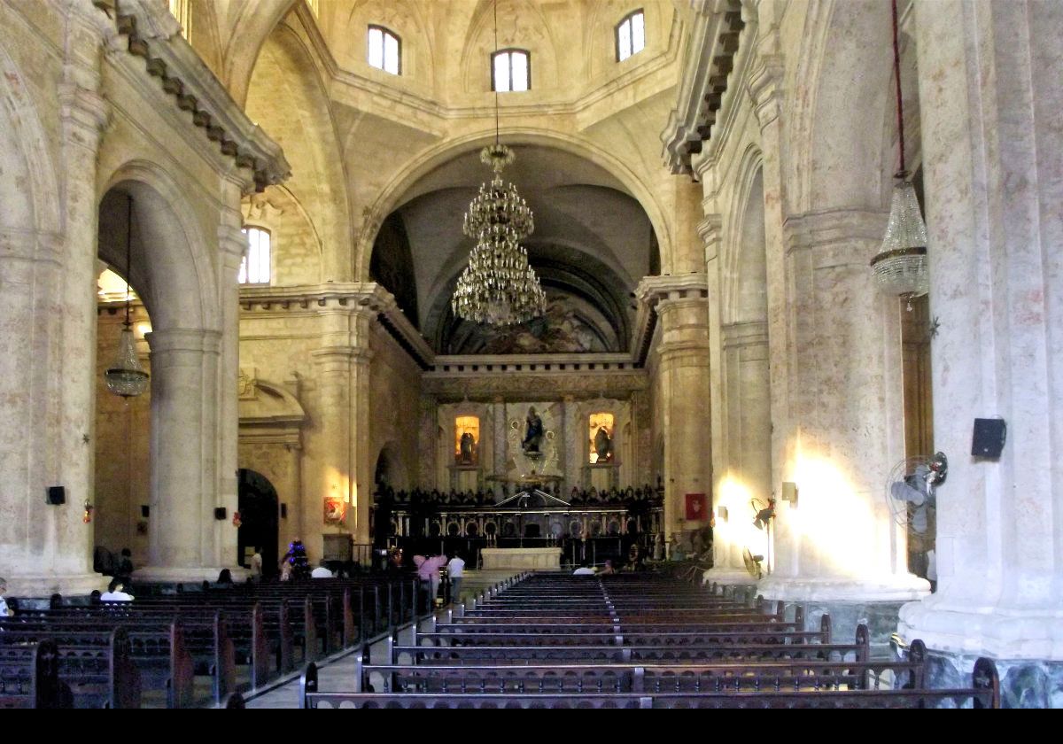 Partially obscured by the chandelier, the frescoes above the main altar are by the Italian artist Giuseppe Perovani; 1765 to 1835.  He lived in Cuba from 1802 to 1818 after which he moved to Mexico where he died from cholera in 1835.  