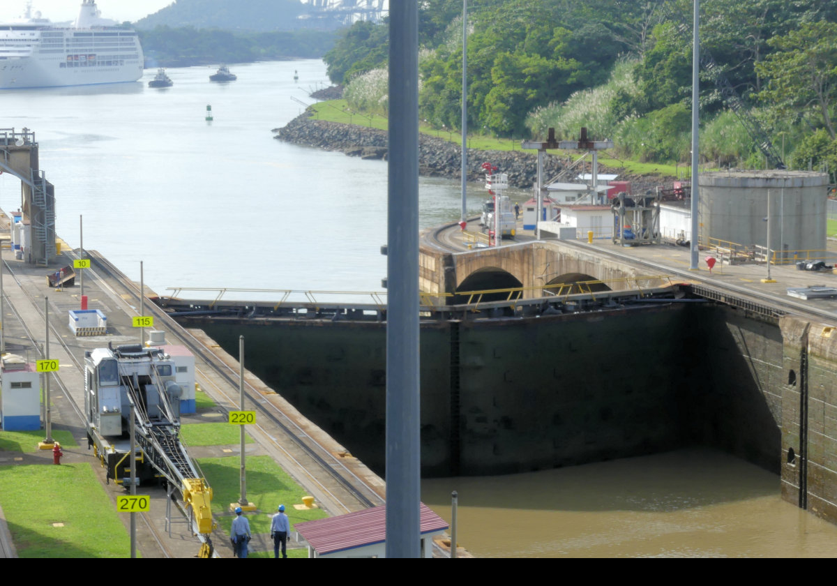 In the first of the two chambers of the Miraflores Lock on the Pacific side.