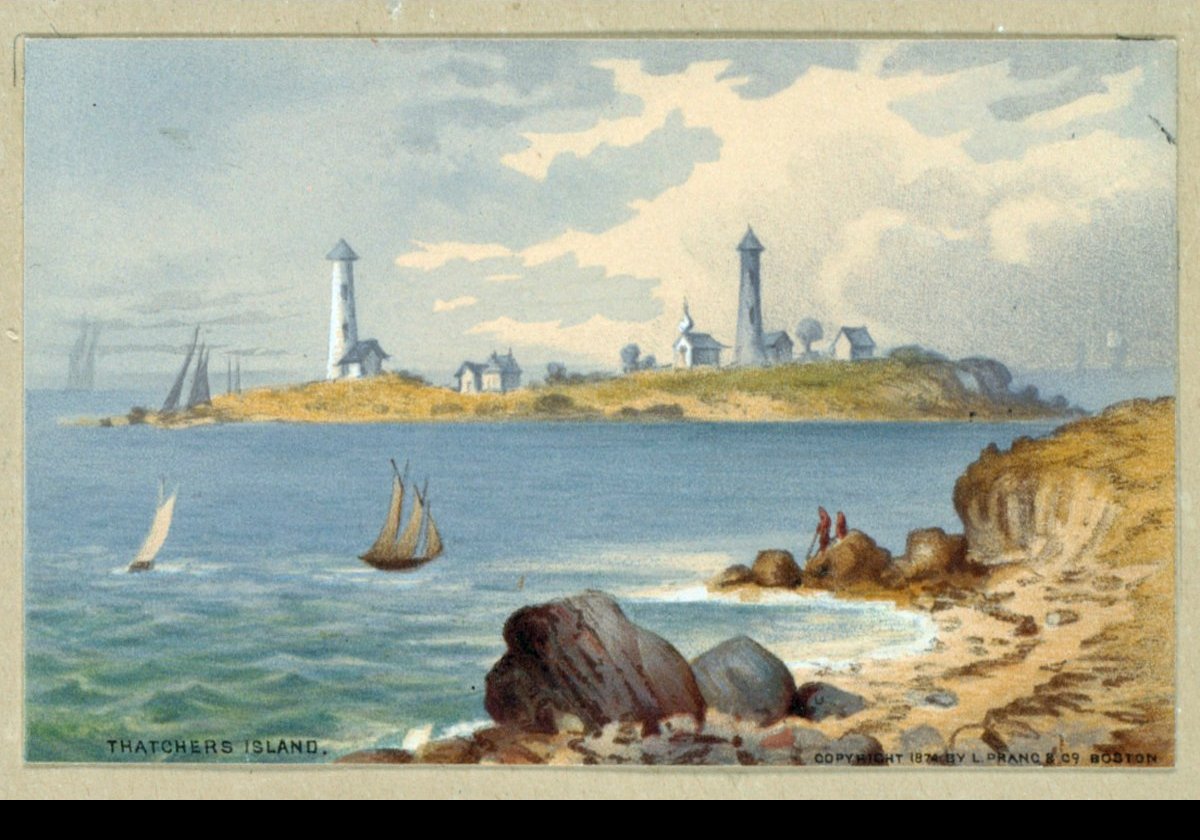 The lighthouses as they appeared around 1874. From a Chromolithograph held in the Boston Public Library.