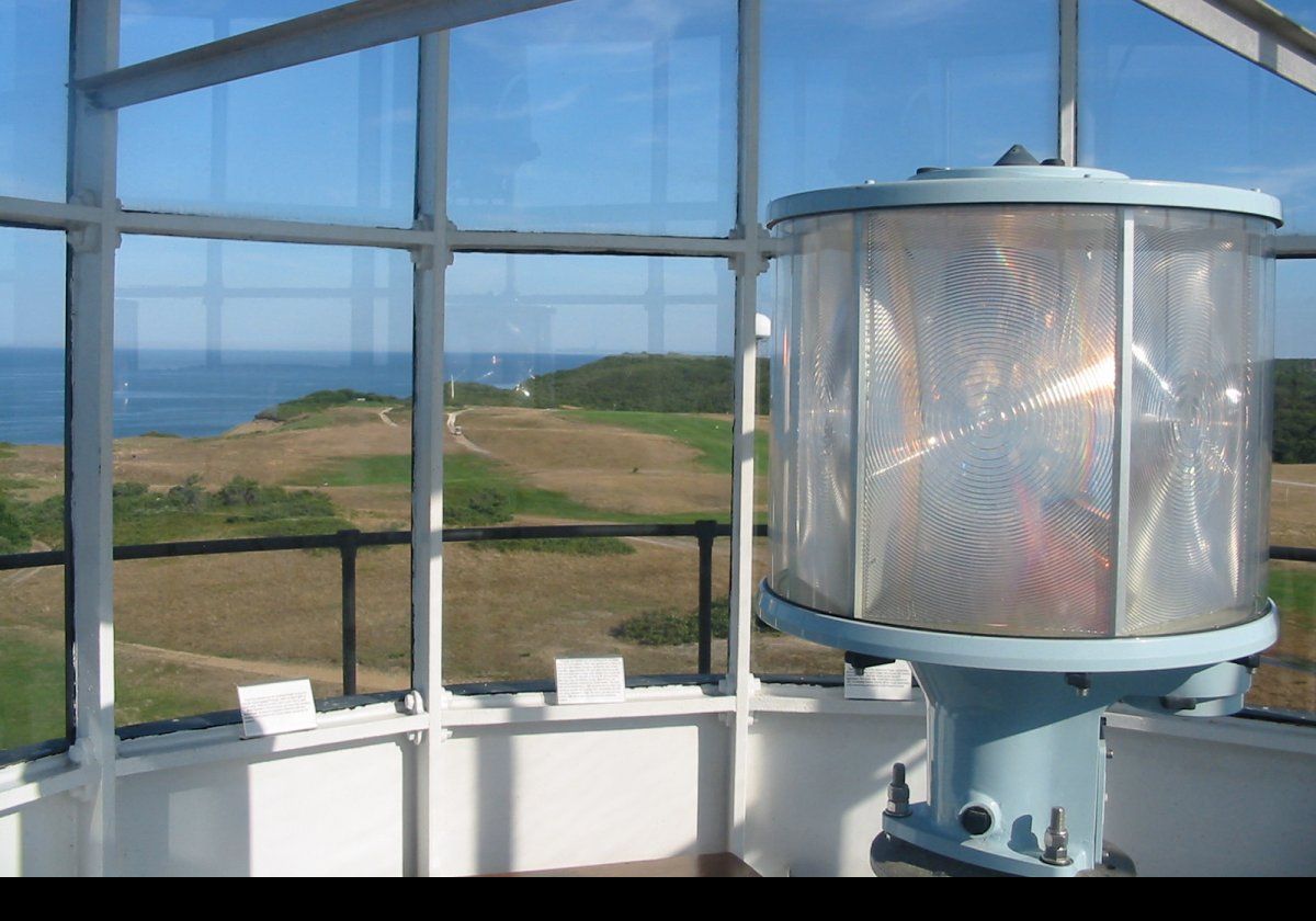 Over the years, the lighting was replaced many times, including a huge 1st order Fresnel lens at one time. The current VRB-25 system shown in this picture was installed in 1998.