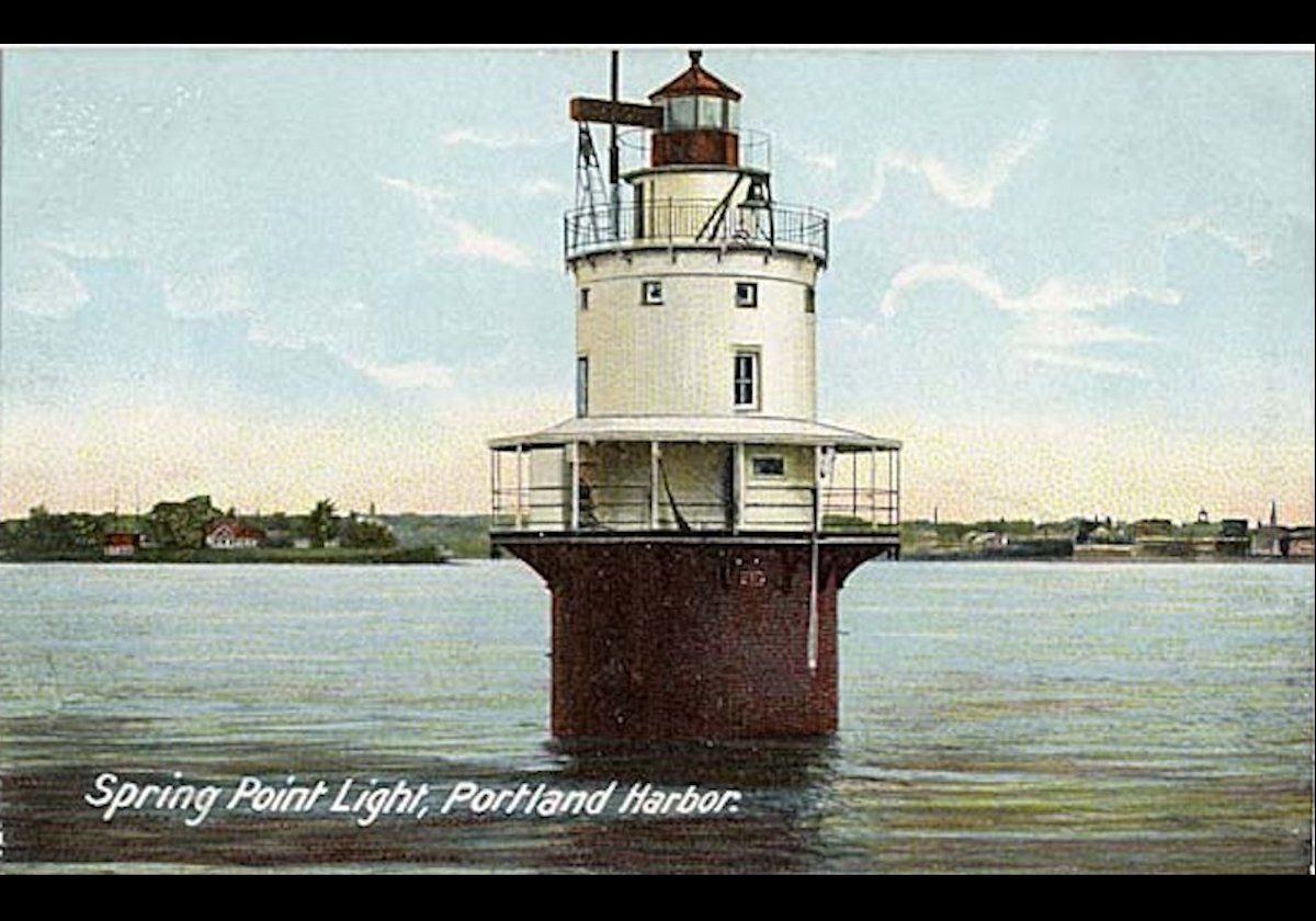 The Spring Point Ledge Lighthouse. A postcard of the lighthouse from the early 20th century long before the breakwater was built. Credit The Smithsonian