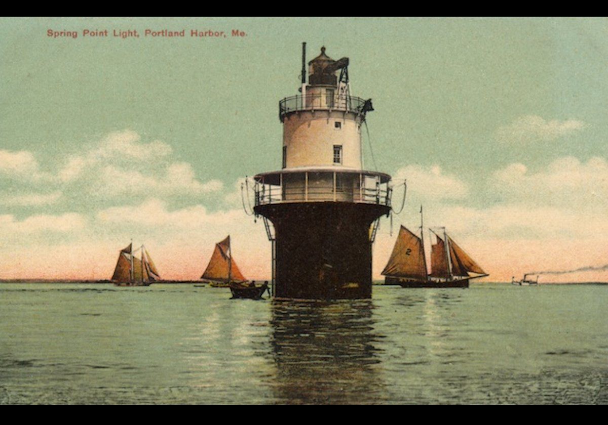 The Spring Point Ledge Lighthouse. Another early postcard of the lighthouse from before the breakwater was built.