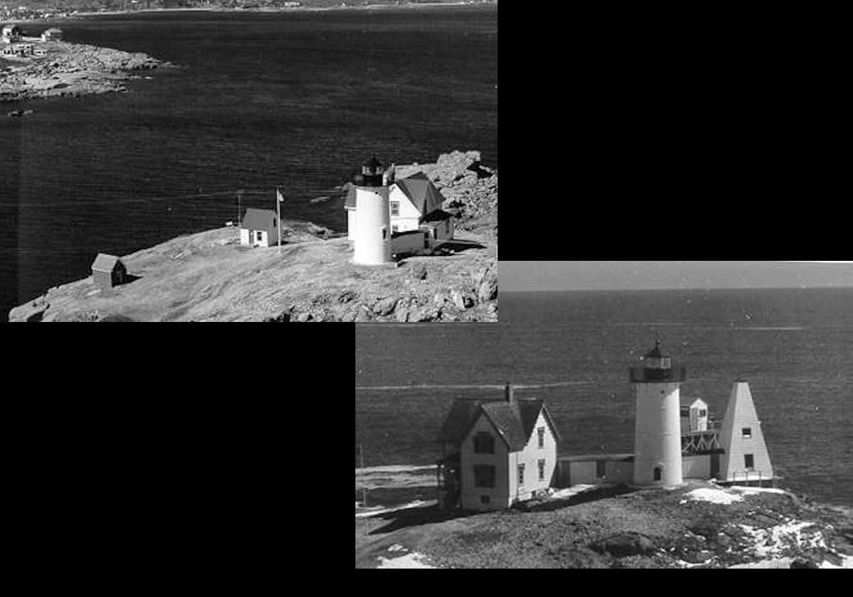 Lower Right: A picture from the US Coast Guard that shows the original bell tower.  Upper Left:  A newer picture after removal of the bell tower.