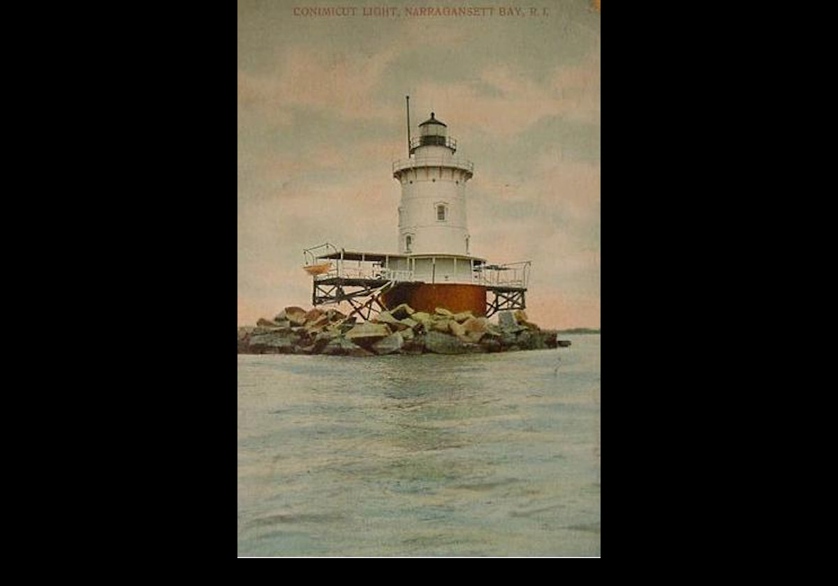 This is a copy of a postcard depicting the Conimicut Light in around 1905.