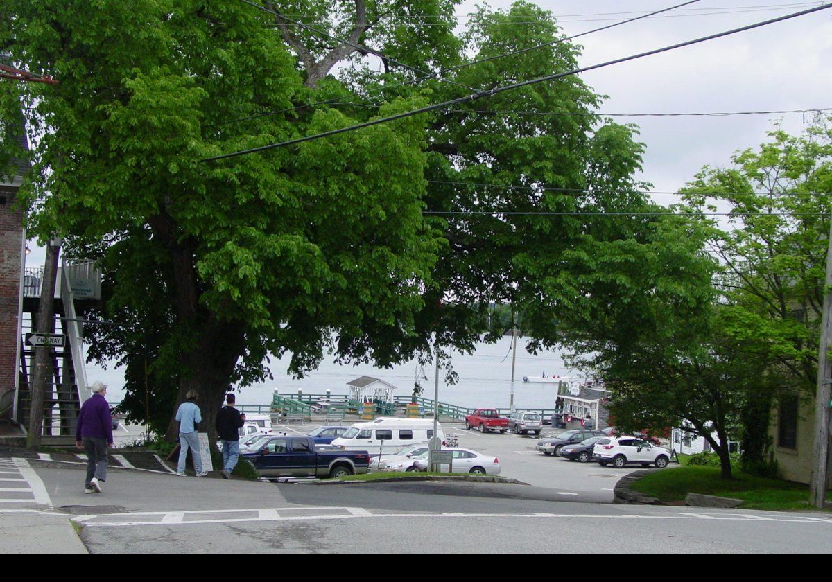 Looking down Main Street, across Water Street running left and right, towards the water front.