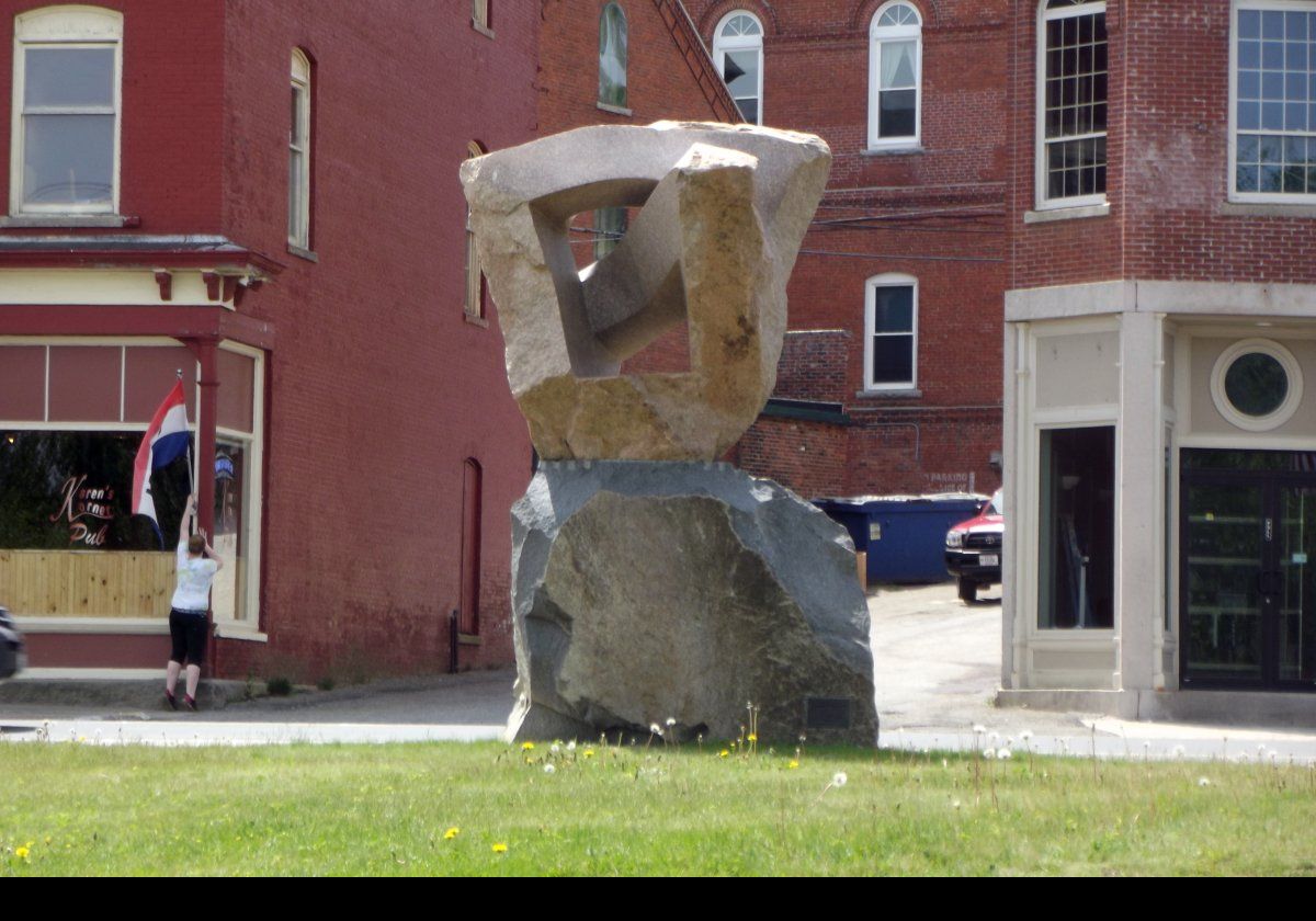 This piece of sculpture is called Nexus and is situated outside the Calais Free Library. Sculpted by Miles Chapin with thanks to the Schoodic International Sculpture Symposium.