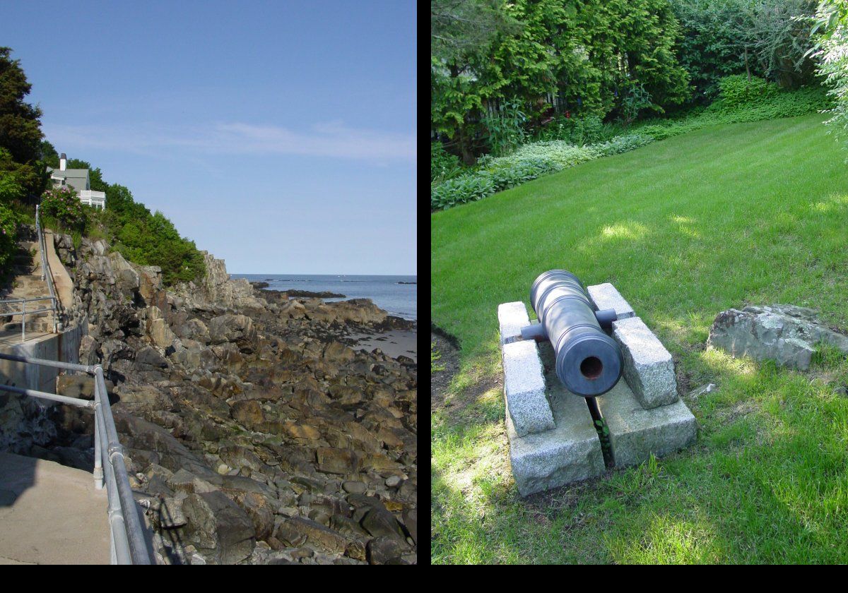 Part of the cliff walk on the left. The canon on the right belongs to the York Harbor Reading Room; to keep out non-members, perhaps?