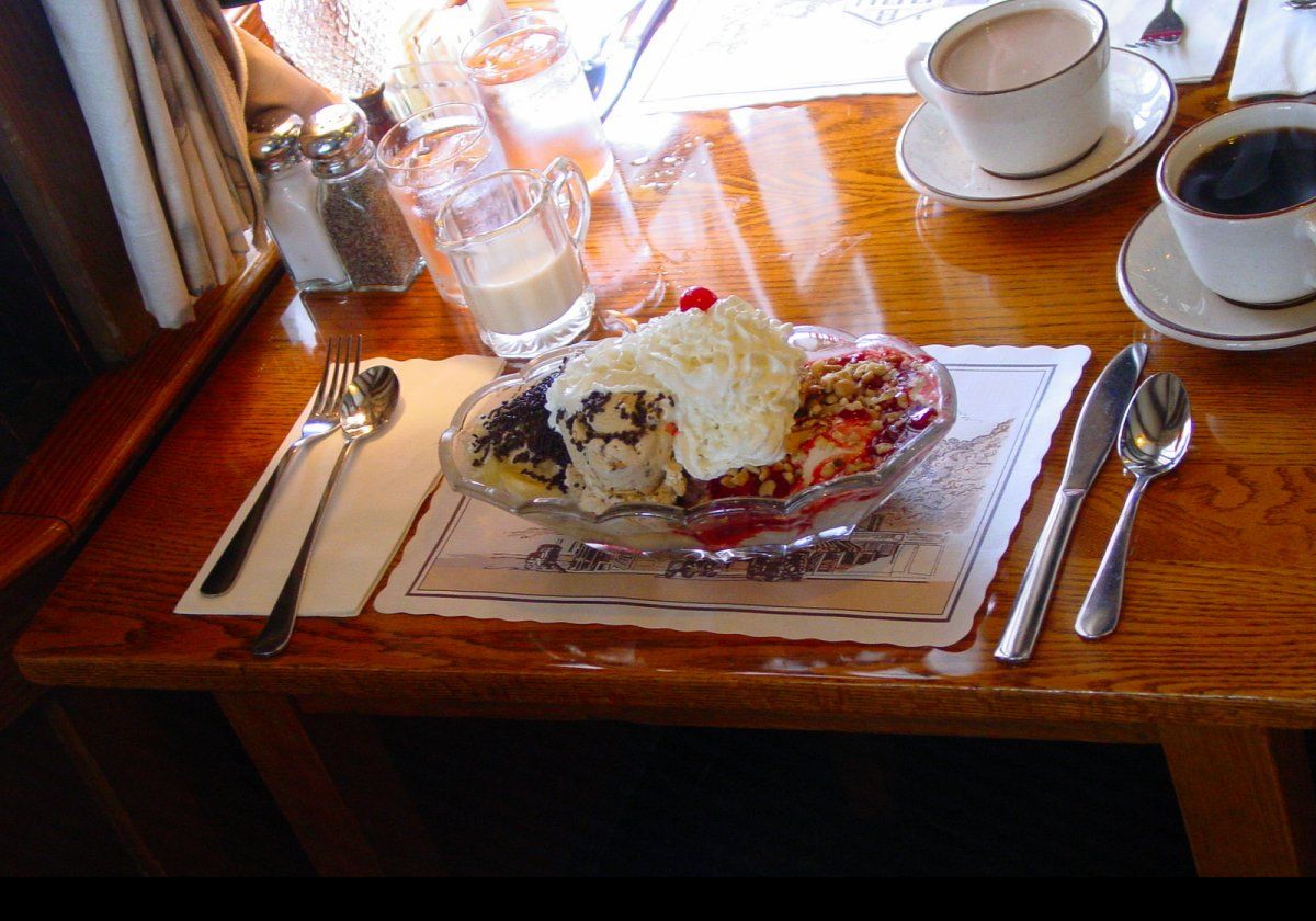 My lunch at the Goldenrod; a banana split. I seem to remember it comprised six scoops of different ice-cream flavors. The rest of the ingredients were a blur, but certainly included whipped cream, several different types of sprinkles, various nuts and three different sauces.  Several thousand calories of pure pleasure.