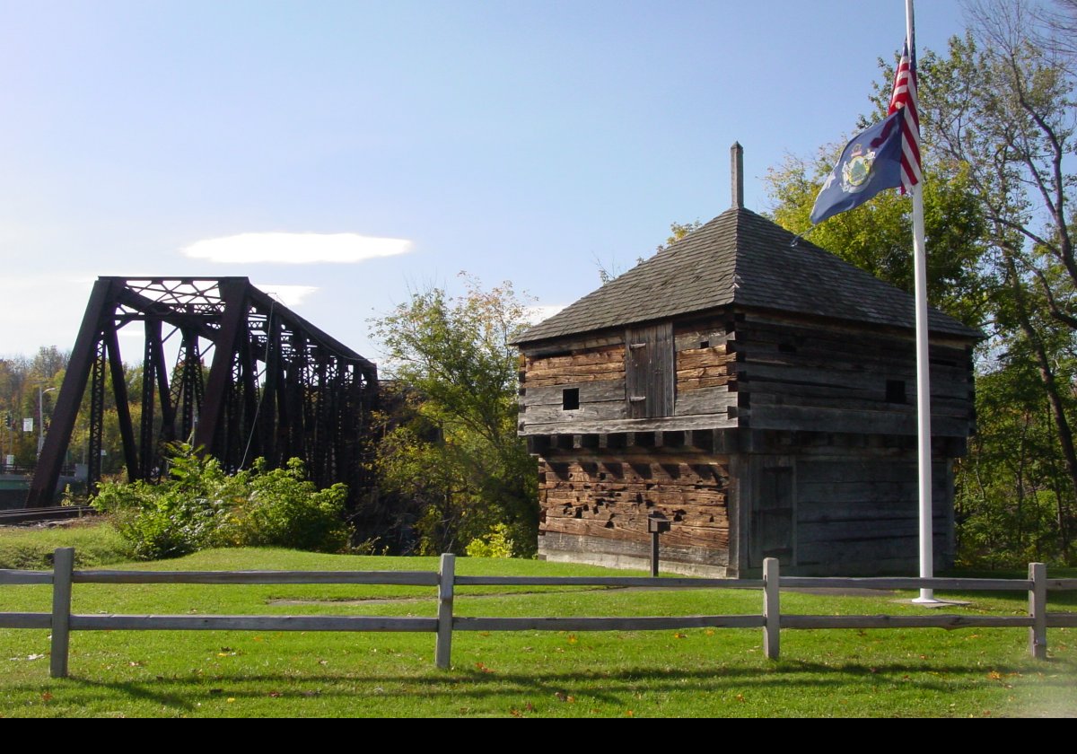 This is the block house of Fort Halifax, built in 1734. It is the oldest surviving block house in the U.S.. General John Winslow managed construction of the fort, and the settlement that grew around it was named Winslow after him.