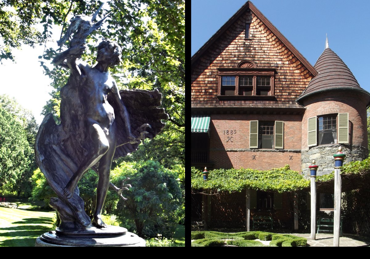 On the left, a piece of statuary in one corner of the afternoon garden called Young Faun with Heron by Frederick MacMonnies. On the right, a view of the gable end of the house from the afternoon garden.