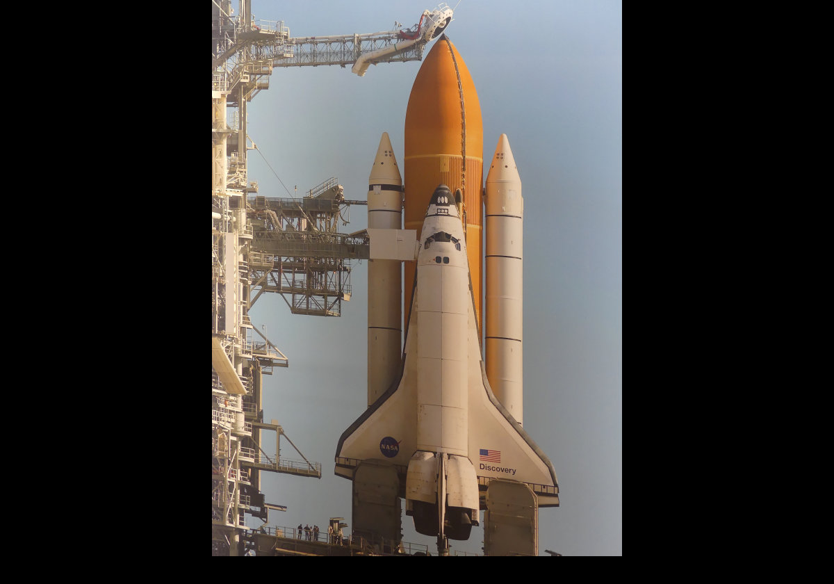 Lastly, the Space Shuttle Discovery awaiting liftoff.