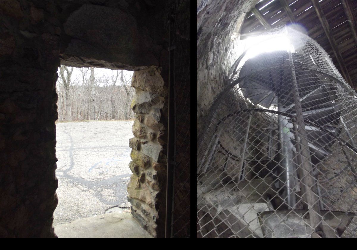 On the left, we see the view out of the entrance to the tower.  On the right, looking up the stairs.