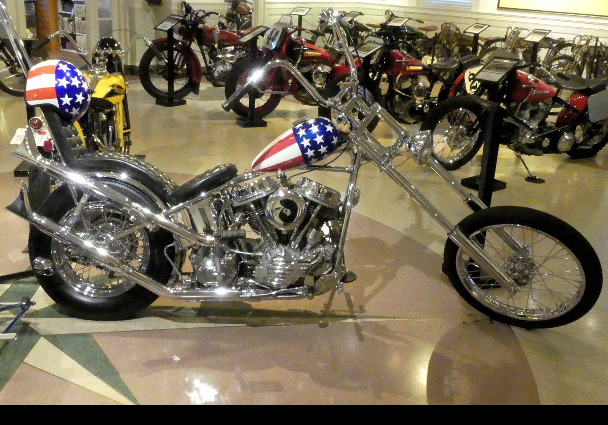 2009 Harley-Davidson Street 750 as used in the Captain America movies.  In fact, Captain America has ridden Harleys since 1941.  Click the image for a close up view of the beautiful engine.