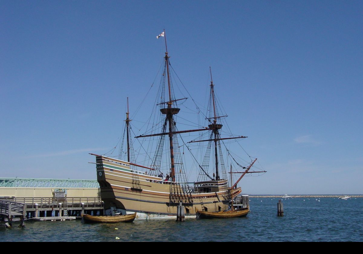 The Mayflower II is a replica of the original Mayflower that bought the Pilgrims across the Atlantic in 1620. Built in the Upham Shipyard in Brixham, Devon, in the UK, in 1955-1956, she launched on September 22, 1956. She sailed the Atlantic in 1957, andwas then towed up the East River arriving in New York City on July 1, 1957. She is 32 m (106 ft) long by 7.6 m (25 ft) wide, and displaces 236 tons.