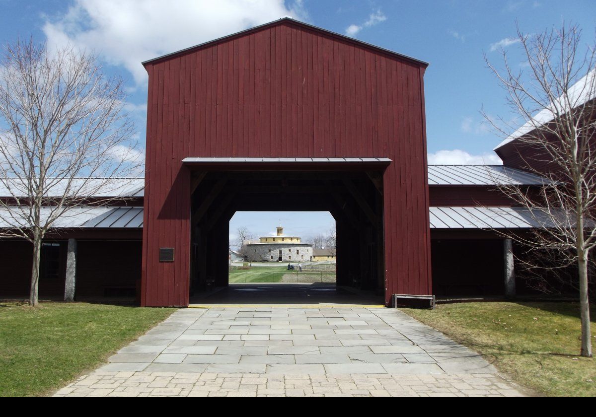 The Round Stone Barn seen through the entrance to the Visitor Center.