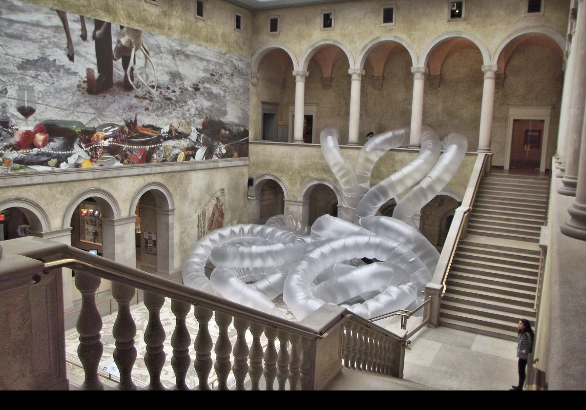 Another view of the lobby with an installation called "Organic Concept". It is a sculpture made from rolls of painter's plastic and box fans by Taiwan-born, New York-based, artist Shih Chieh Huang.