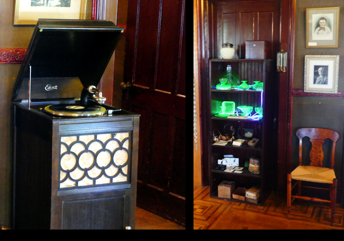 An early Edison gramaphone on the left, and Uranium glass on the right glowing an unearthly green!