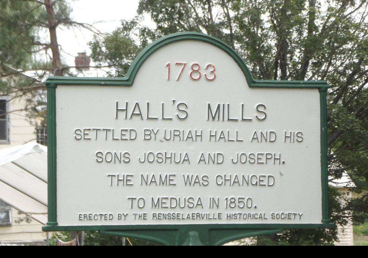 Medusa is a hamlet located in the Town of Rensselaerville, in Albany County. A "hamlet" is a community that is in a town, and has a name, but is not incorporated as a village, so has no government of its own. Medusa was originally called Hall's Mills after Uriah Hall and his son who were the first settlers in 1786. The name was changed in 1850.