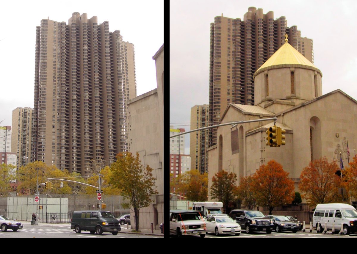 The apartment building where we used to live in Mid-town Manhattan, on East 38th Street. Called The Corinthian, it was the largest apartment building in New York City when it was completed in 1988. Designed by Der Scutt & Michael Schimenti, the building is quite unusually shaped, particularly for NY City. It was built on the site of, & incorporates elements of, the old East Side Airlines Terminal. The red dot marks our apartment. The church on the right is St. Vartan Cathedral, which was the first cathedral of the Armenian Apostolic Church to be constructed in North America.