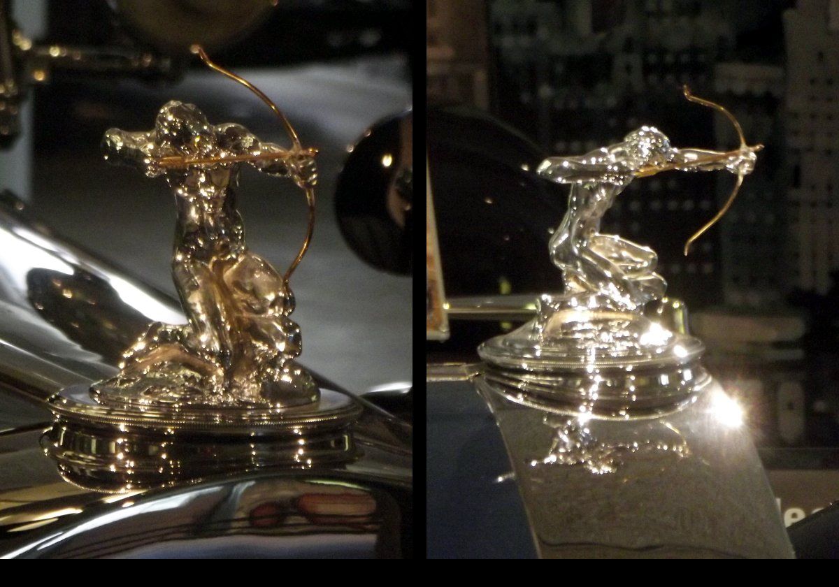 Two views of the 1931 Pierce-Arrow Dual Cowl Phaeton hood prnament.