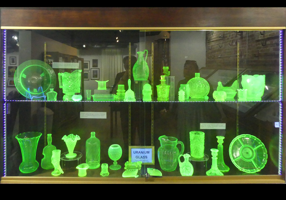 Uranium glass. The molecules of the glass fluoresce when excited by ultraviolet radiation.