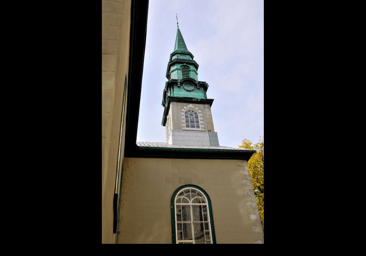 The spire of St. Andrew's Presbyterian Church in Quebec City taken from Rue Cook.  Construction began in 1809, and it was completed the following year.  Apart from the Vestry, added in 1900, the church is essentially as it was when it was built.