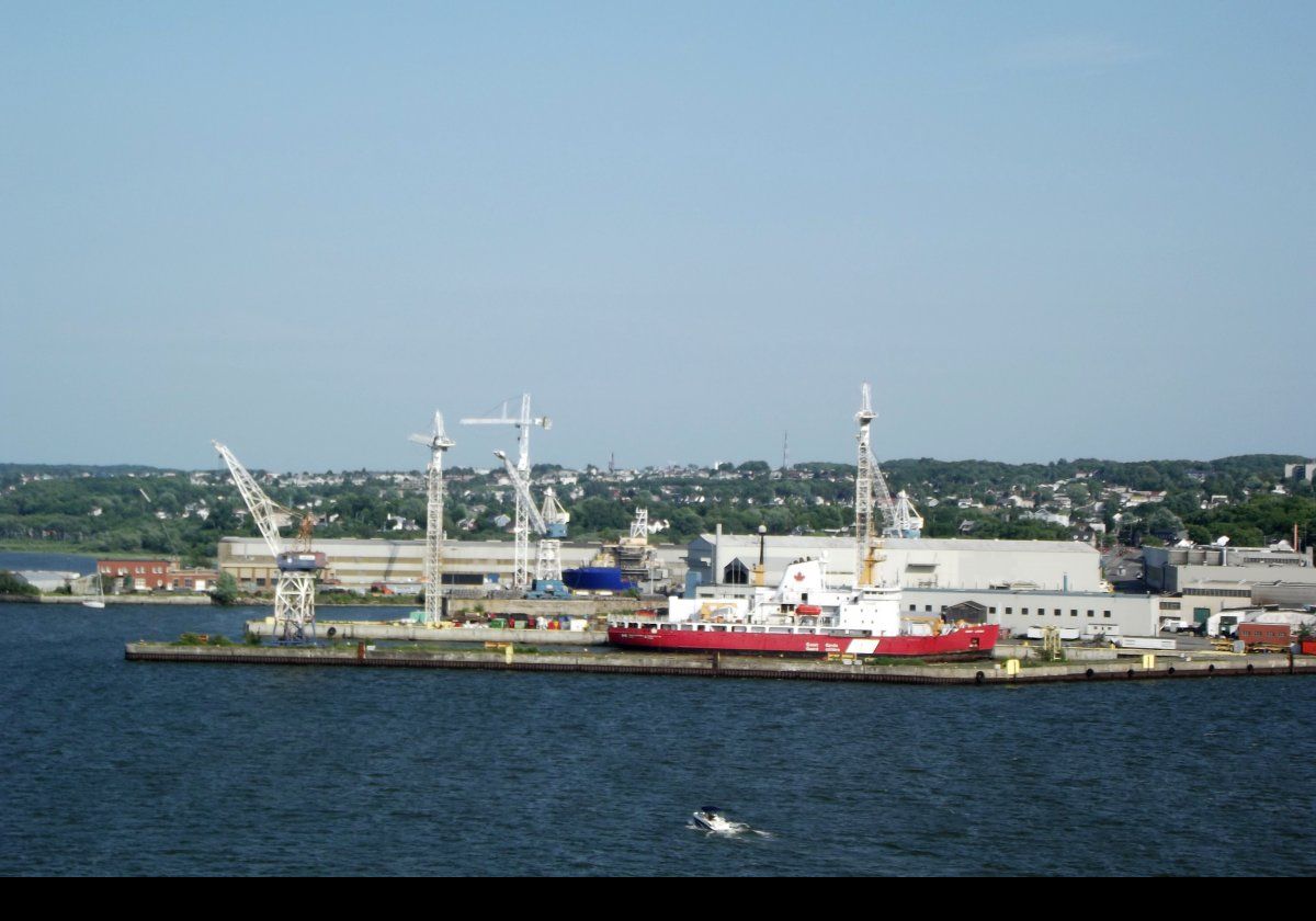 Another view of cranes in Quebec docks.