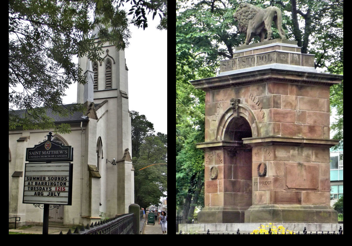 The Sebastopol Monument (or Crimean War Monument) is an arch in the Old Burial Ground. It commemorates the Siege of Sevastopol (1854–1855).  The arch and the surmounting lion were built in 1860 by George Lang.  It is located on Barrington Street, pposite Saint Matthew's Church seen in the left picture.  