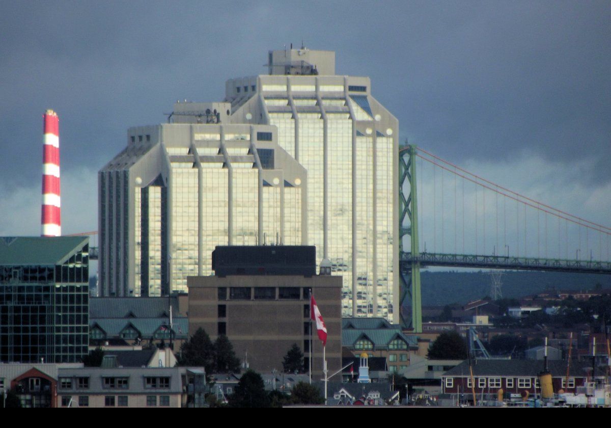 Two office buildings. The right hand building houses the U.S. Consulte General, among other organizations.