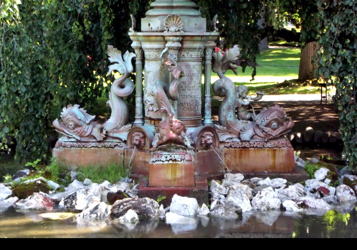 Close up of the base of the Royal Canadian Dragoons, Boer War Sculpture showing the grotesque fish.