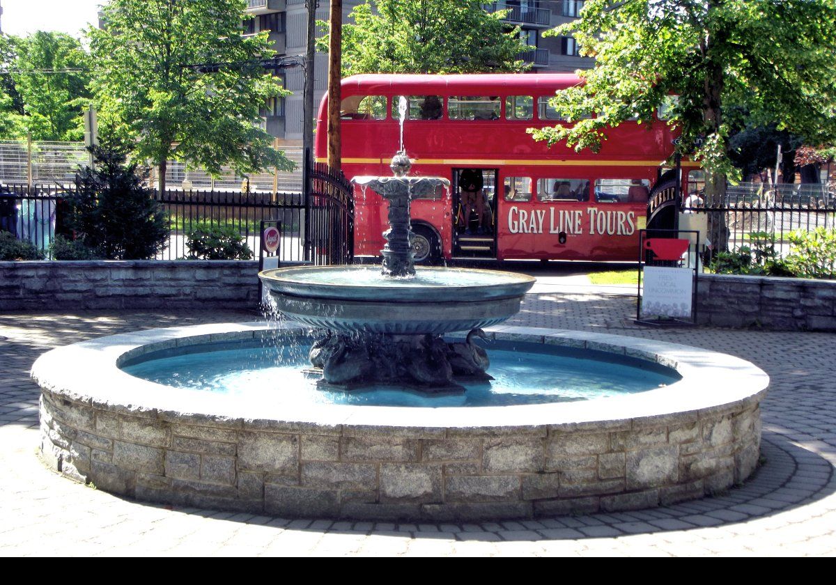 The fountain that is outside of the Horticultural Hall by one of the park entrances.