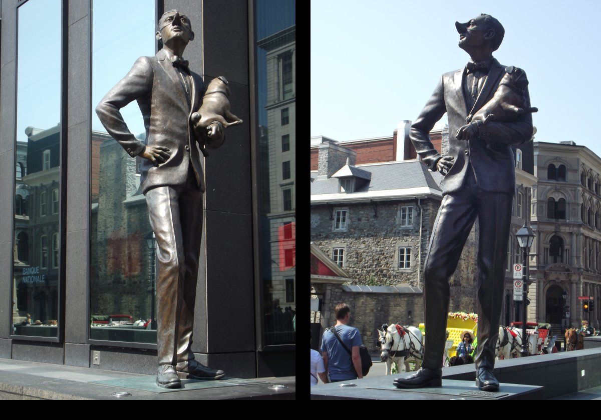 The English Pug and the French Poodle; the second of a pair of sculptures by Marc Andre Jacques Fortier.  Located in front of 500 Place d'Armes.  Click the image to see a closeup of the plaque.  