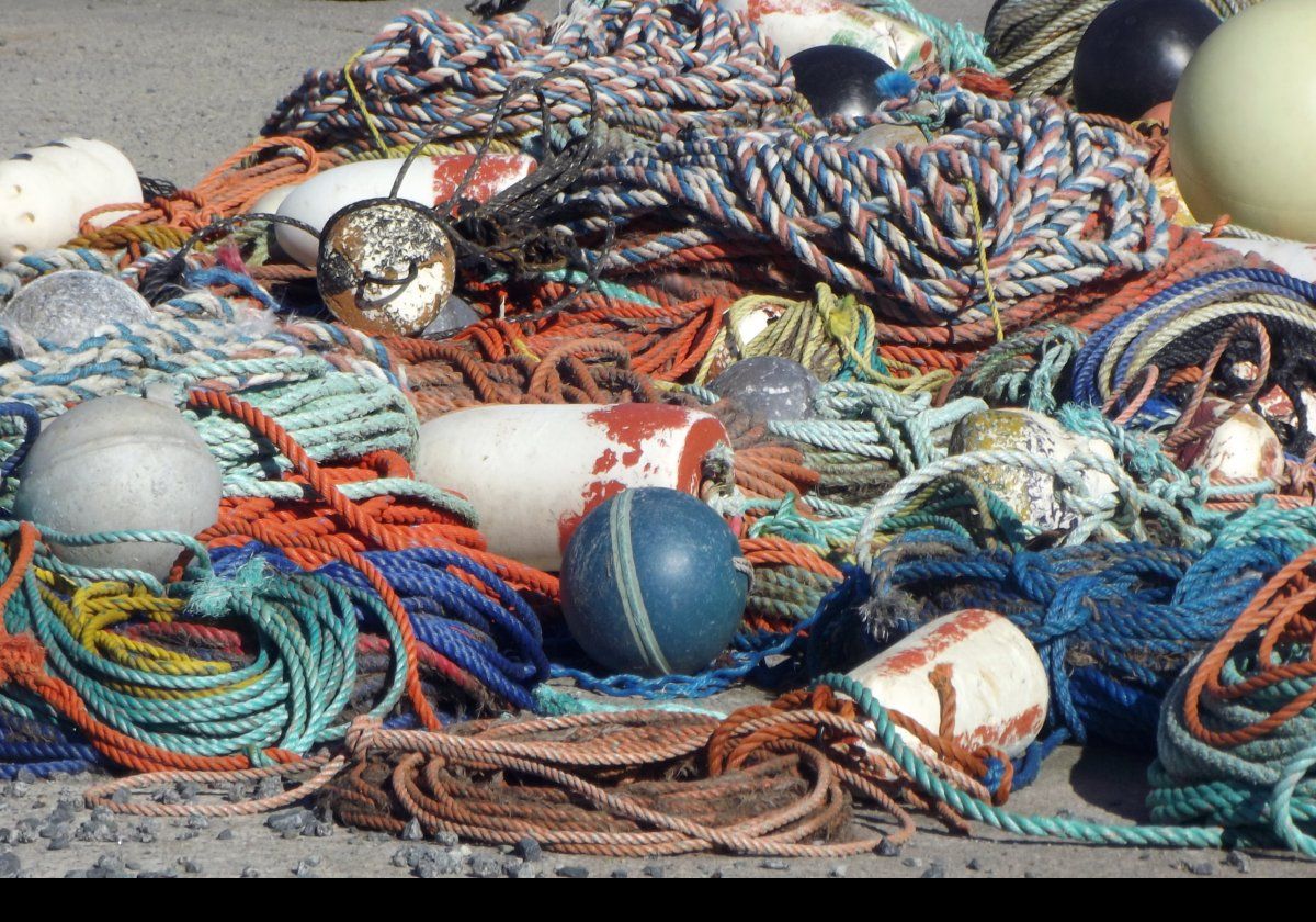 A colorful display of assorted buoys.