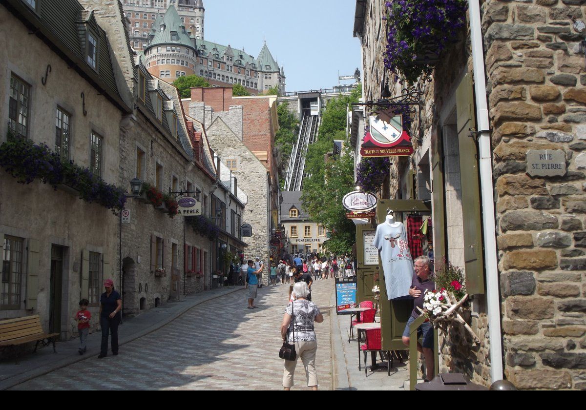 The Old Quebec Funicular Funiculaire du Vieux-Québec) is a funicular railway in the Old Quebec neighbourhood of the city links the Upper Town (Haute-Ville) to the Lower Town (Basse-Ville).  It first ran in 1879, and was converted to electricity in 1907.  It suffered a disastrous fire in 1945, when it was rebuilt, plus the death of a passenger in 1996.  The Fairmont Le Château Frontenac hotel is on the skyline.