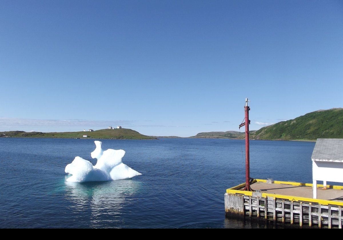 In Red Bay with a smallish iceberg known as a "bergy bit".  Saddle Island is visible beyond.