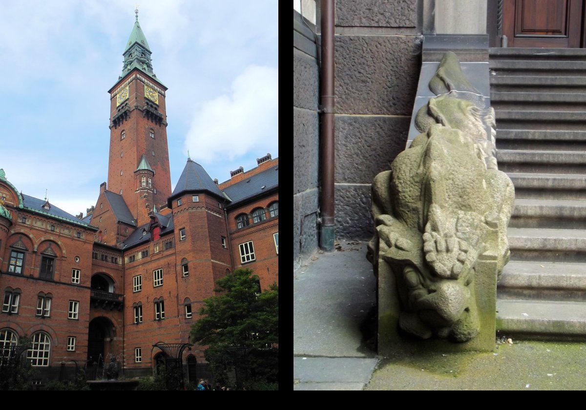 The main tower on the left, and a gargoyle on the staircase to the right.